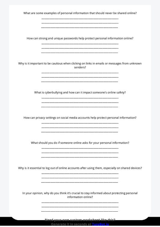 Free Worksheet - Year 6 Technology Protecting Personal Information Online Short Answer Response