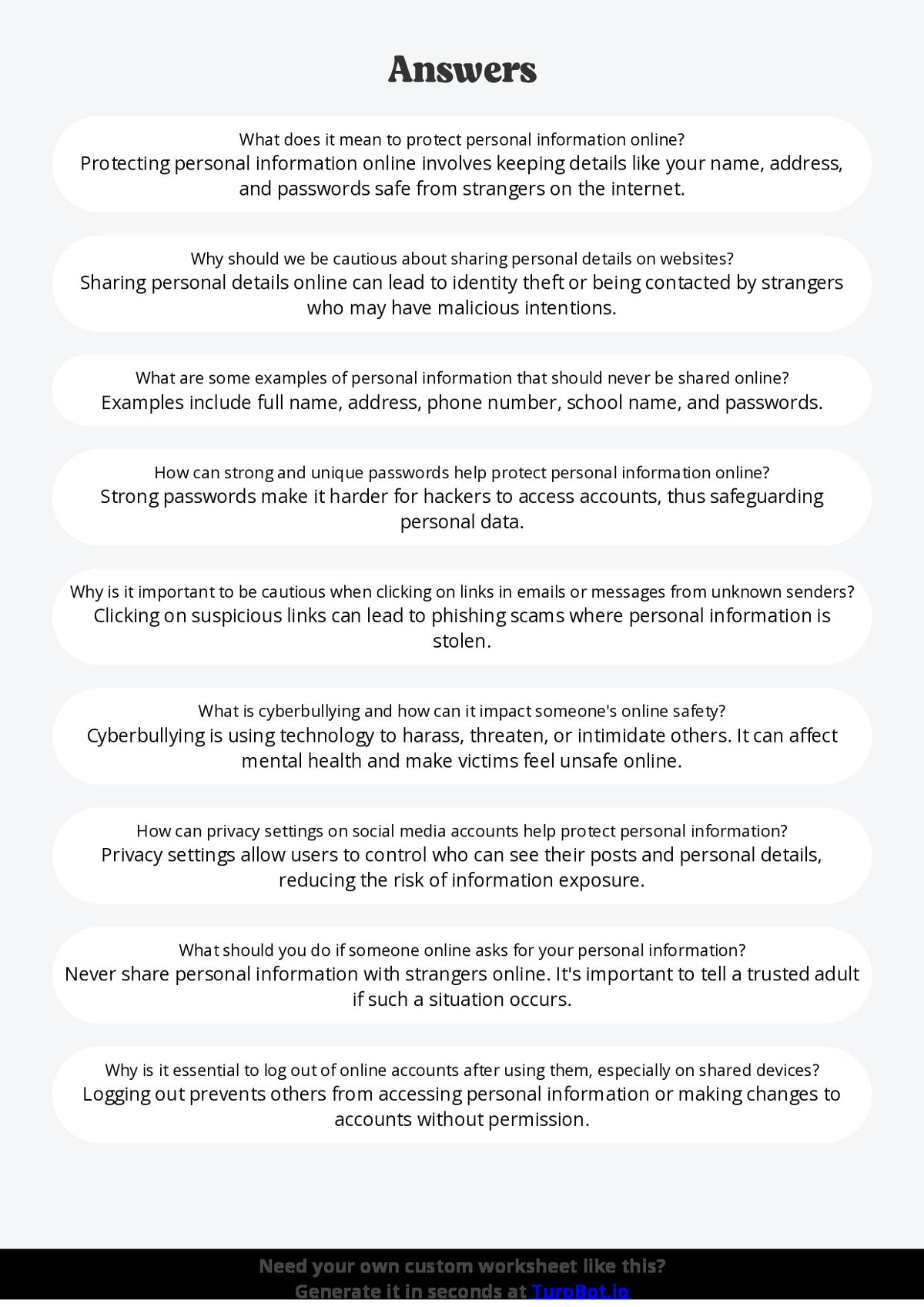 Free Worksheet - Year 6 Technology Protecting Personal Information Online Short Answer Response