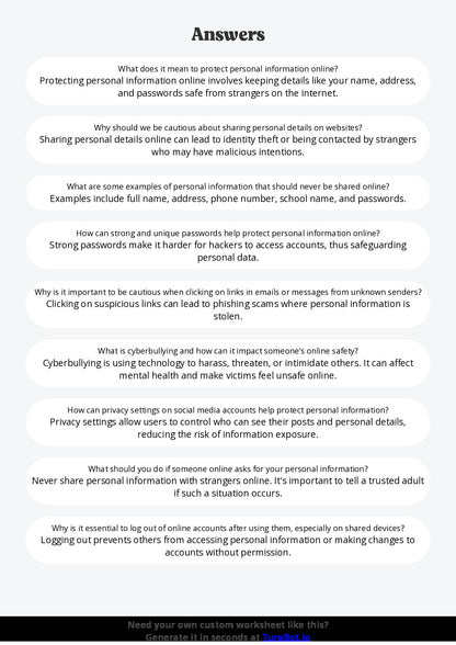 Free Worksheet - Year 6 Technology Protecting Personal Information Online Short Answer Response
