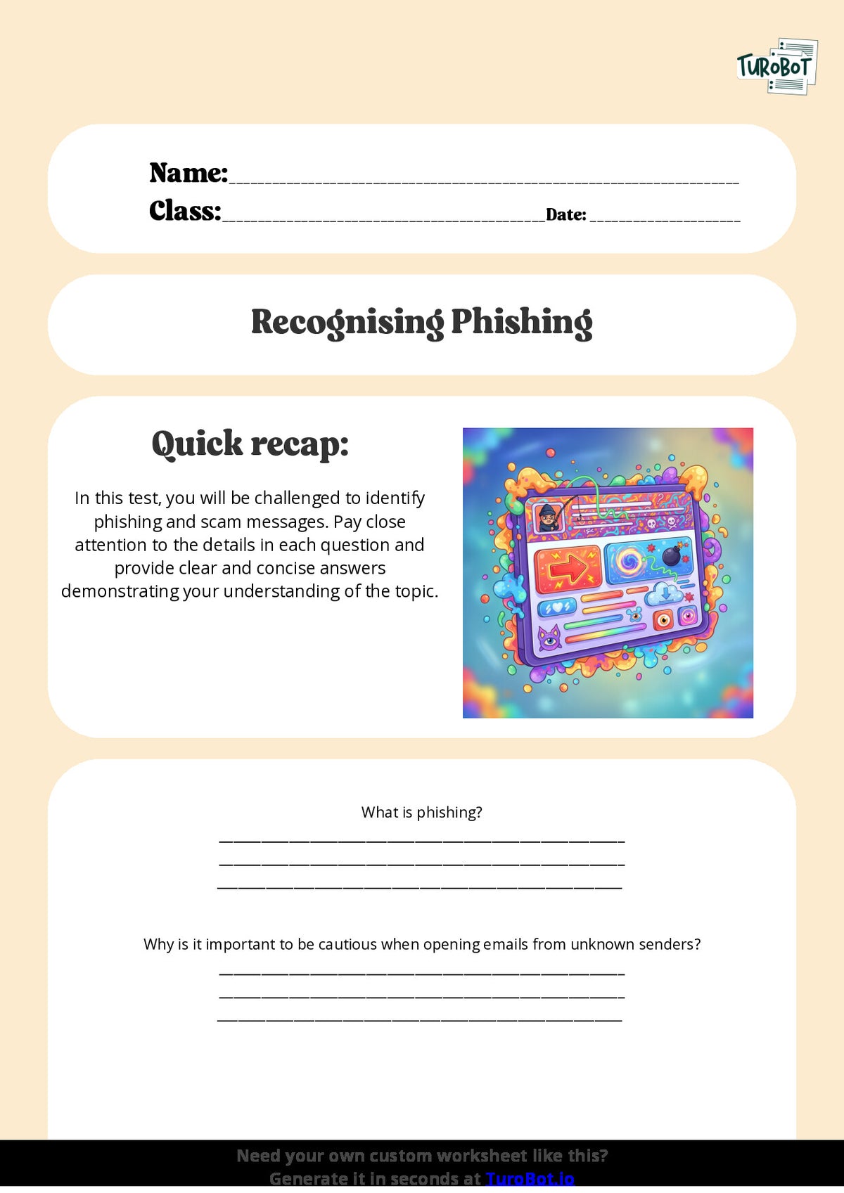 Free Worksheet - Year 6 Technology Recognising Phishing and Scam Messages Short Answer Response