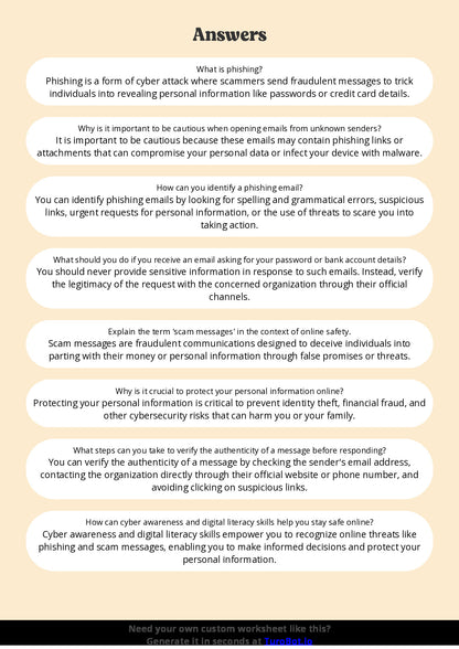 Free Worksheet - Year 6 Technology Recognising Phishing and Scam Messages Short Answer Response