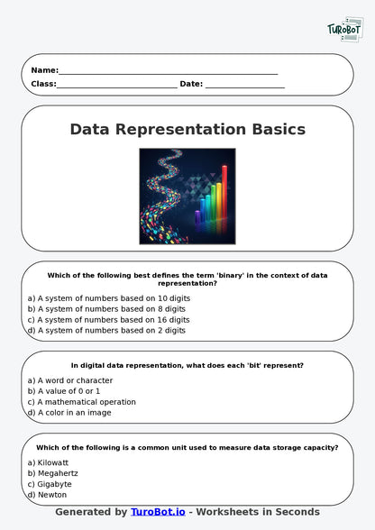 Year 7 Technology Multiple Choice Worksheet – Data Representation Basics
