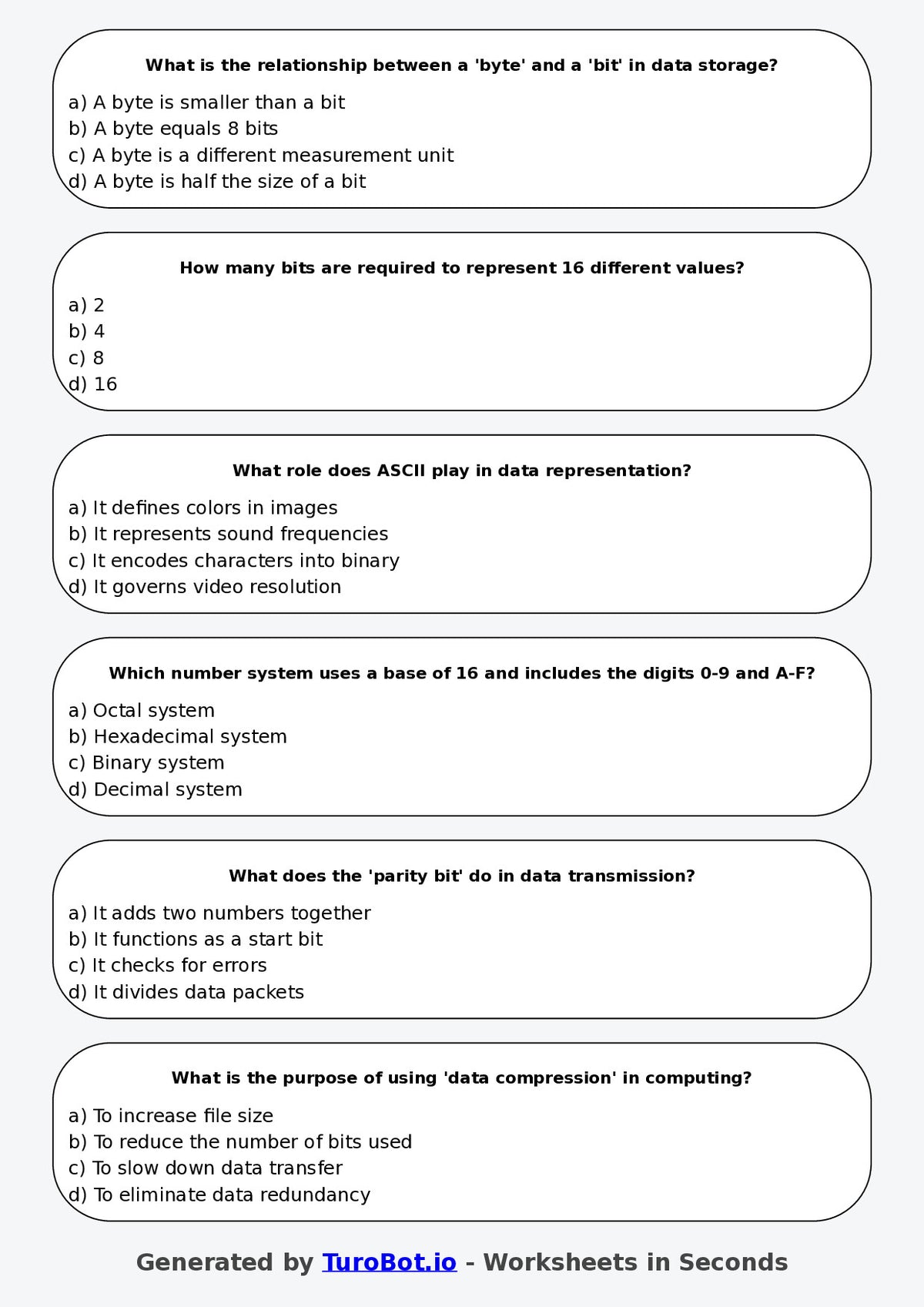 Year 7 Technology Multiple Choice Worksheet – Data Representation Basics