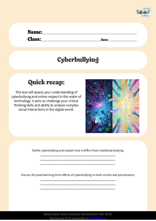 Free Worksheet - Year 7 Technology Understanding Cyberbullying and Online Respect Short Answer Response