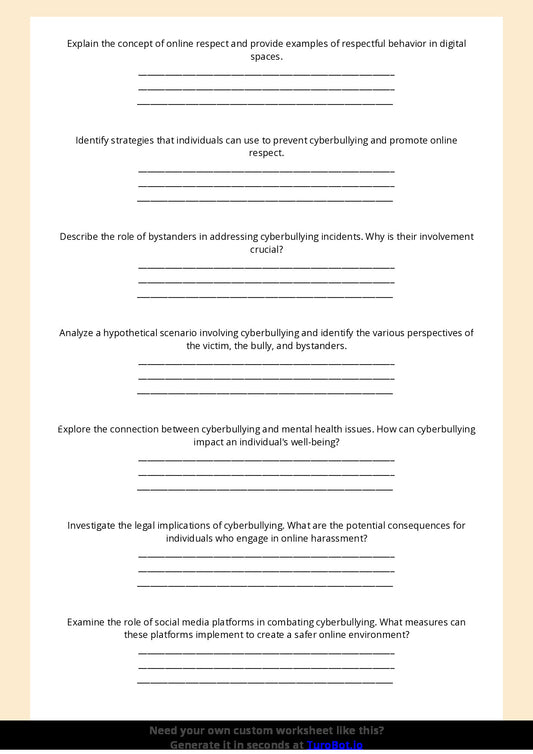 Free Worksheet - Year 7 Technology Understanding Cyberbullying and Online Respect Short Answer Response