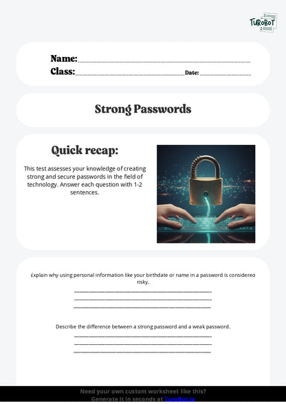 Free Worksheet - Year 8 Technology Creating Strong and Secure Passwords Short Answer Response