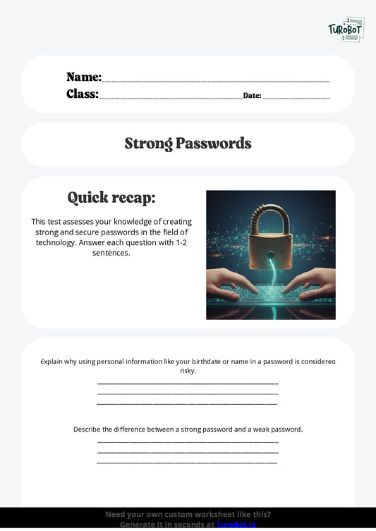 Free Worksheet - Year 8 Technology Creating Strong and Secure Passwords Short Answer Response