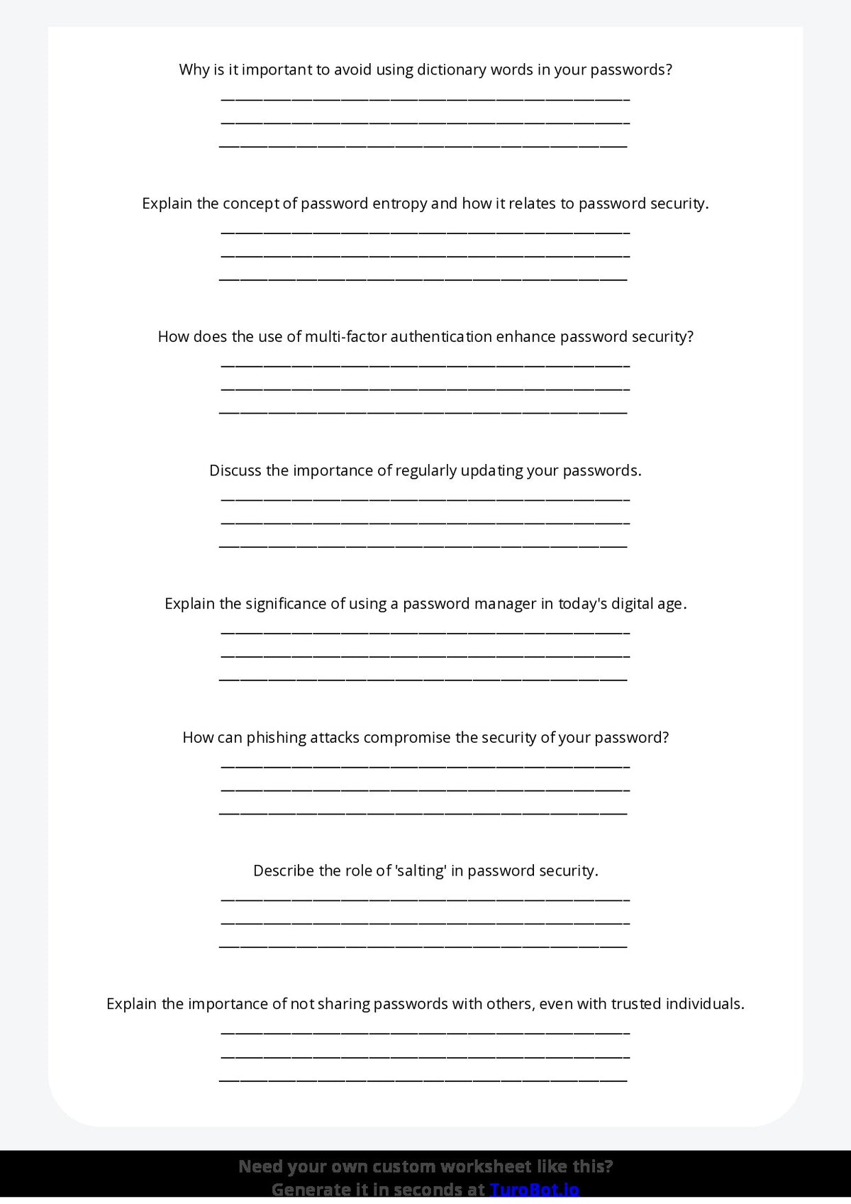 Free Worksheet - Year 8 Technology Creating Strong and Secure Passwords Short Answer Response