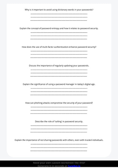 Free Worksheet - Year 8 Technology Creating Strong and Secure Passwords Short Answer Response