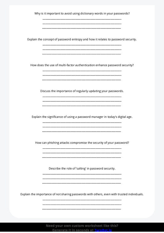 Free Worksheet - Year 8 Technology Creating Strong and Secure Passwords Short Answer Response