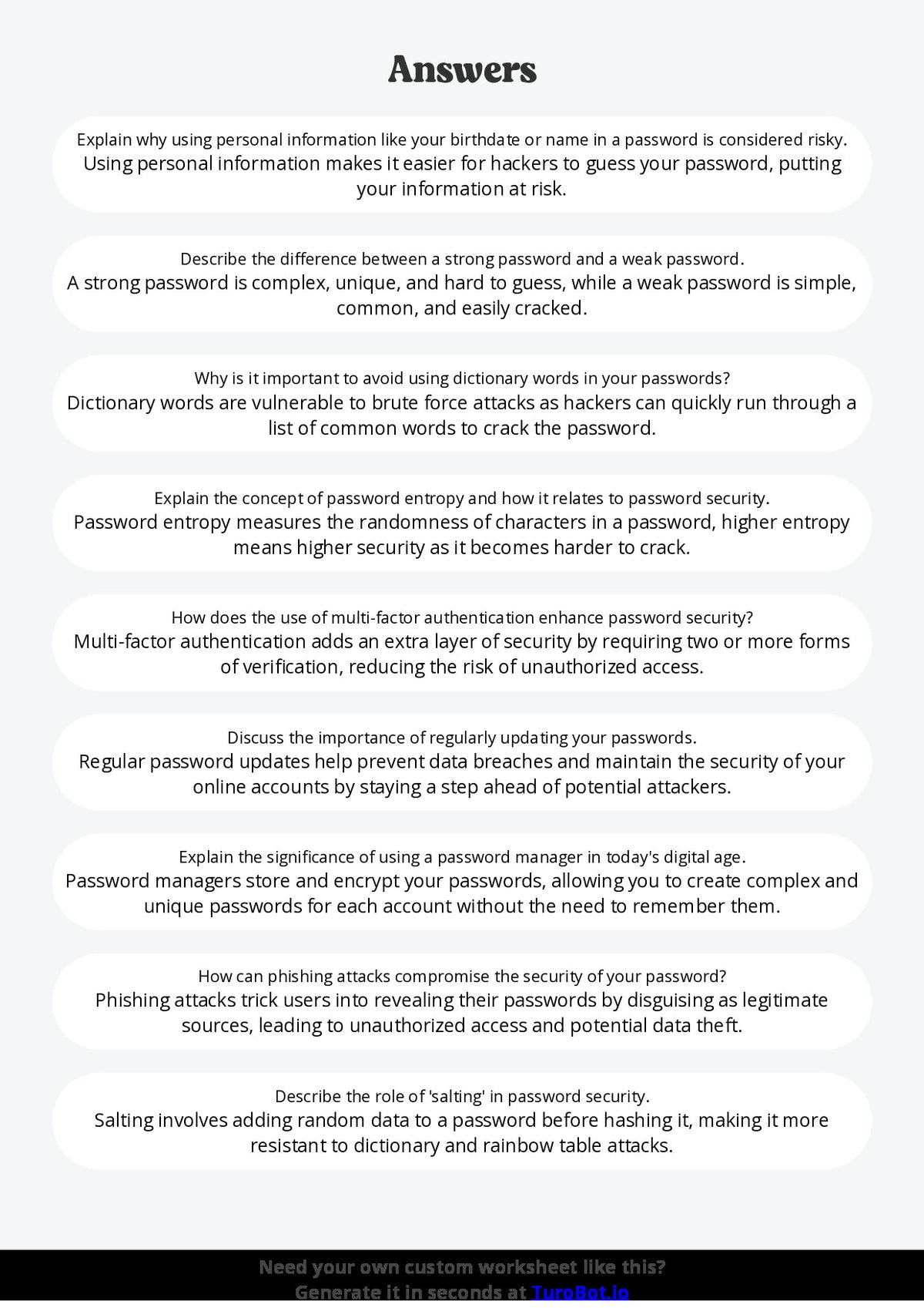 Free Worksheet - Year 8 Technology Creating Strong and Secure Passwords Short Answer Response