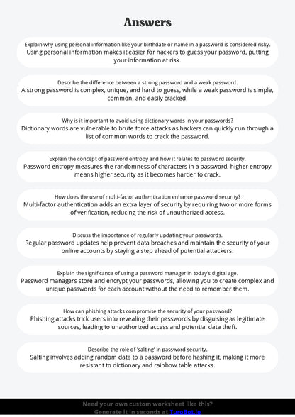 Free Worksheet - Year 8 Technology Creating Strong and Secure Passwords Short Answer Response