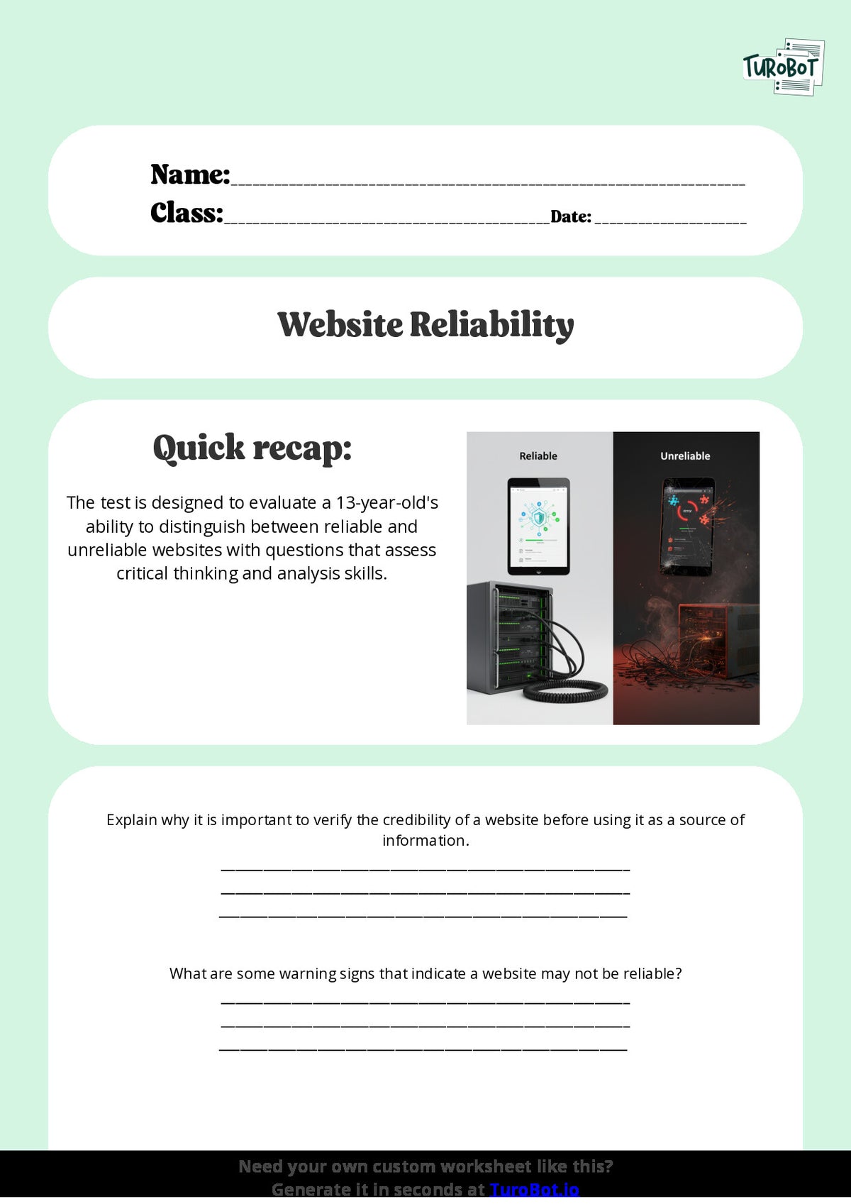 Free Worksheet - Year 8 Technology Identifying Reliable and Unreliable Websites Short Answer Response