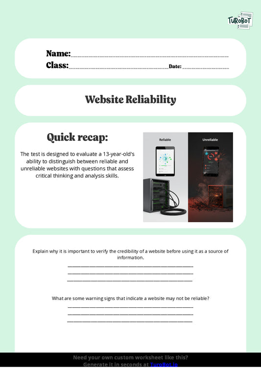 Free Worksheet - Year 8 Technology Identifying Reliable and Unreliable Websites Short Answer Response