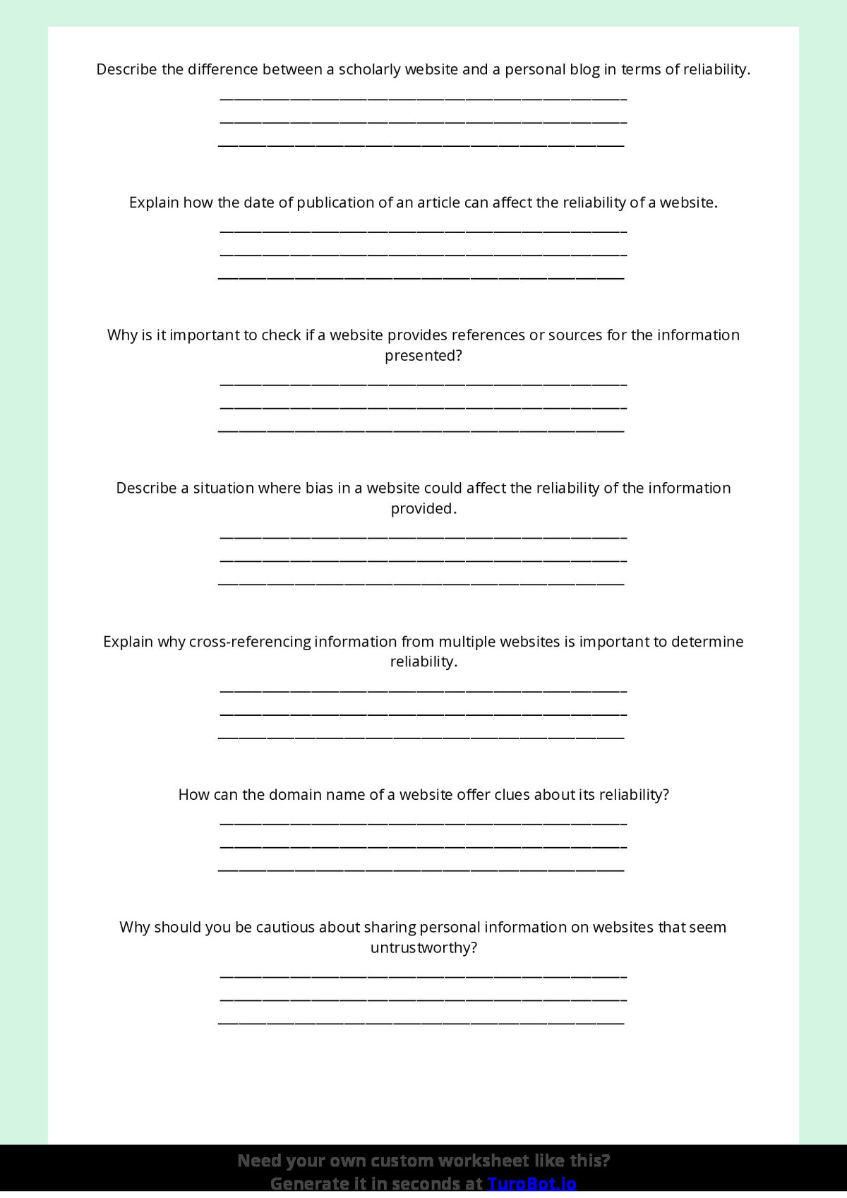 Free Worksheet - Year 8 Technology Identifying Reliable and Unreliable Websites Short Answer Response