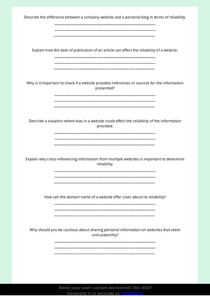 Free Worksheet - Year 8 Technology Identifying Reliable and Unreliable Websites Short Answer Response