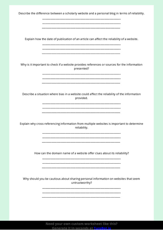 Free Worksheet - Year 8 Technology Identifying Reliable and Unreliable Websites Short Answer Response