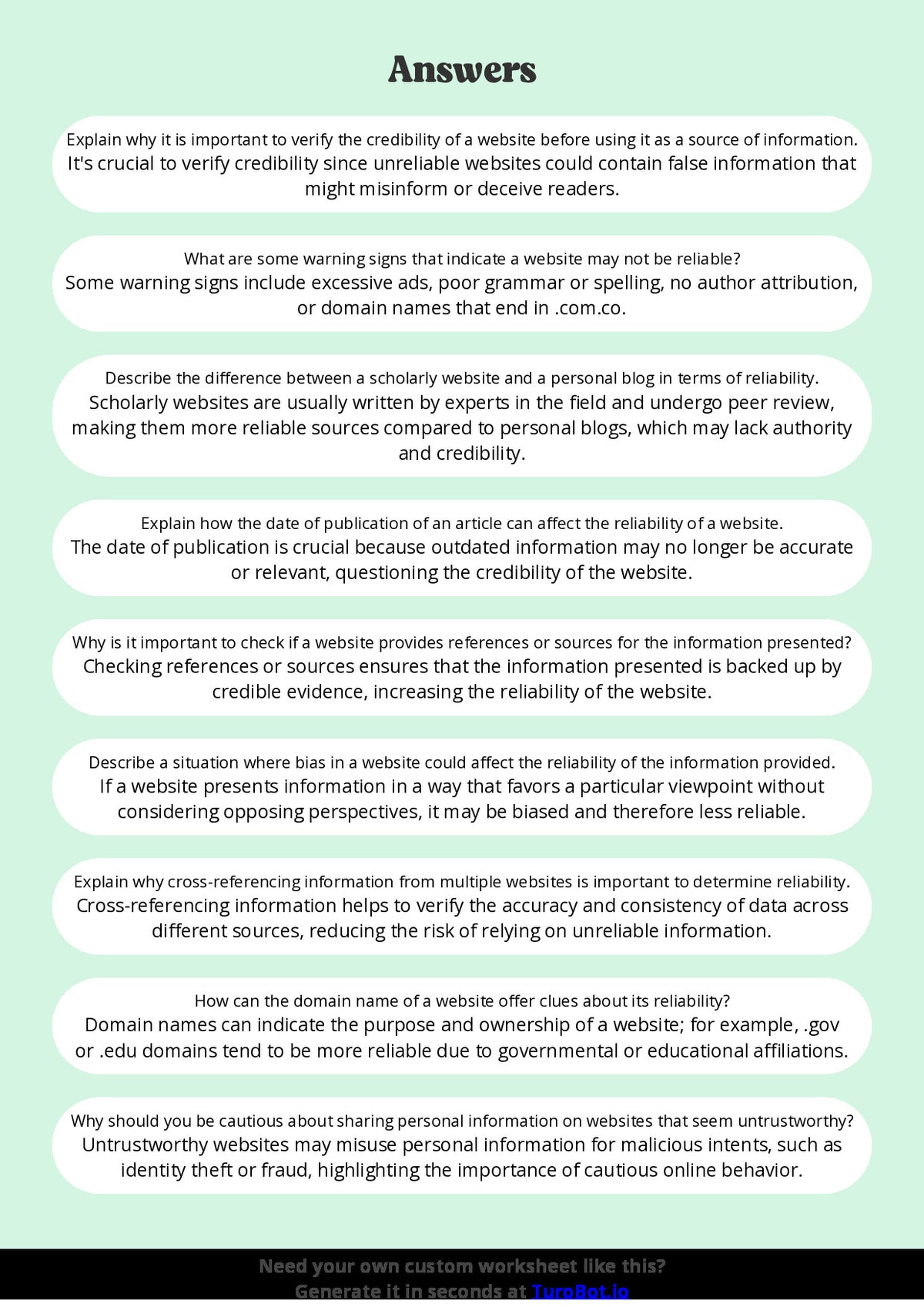 Free Worksheet - Year 8 Technology Identifying Reliable and Unreliable Websites Short Answer Response