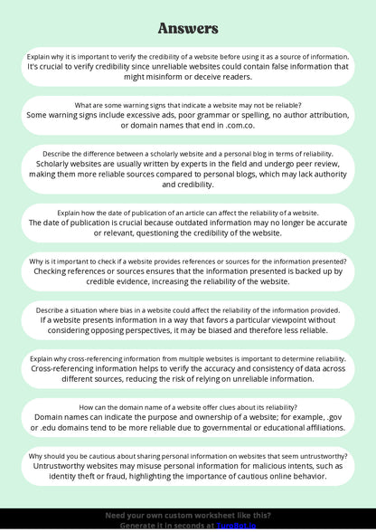 Free Worksheet - Year 8 Technology Identifying Reliable and Unreliable Websites Short Answer Response