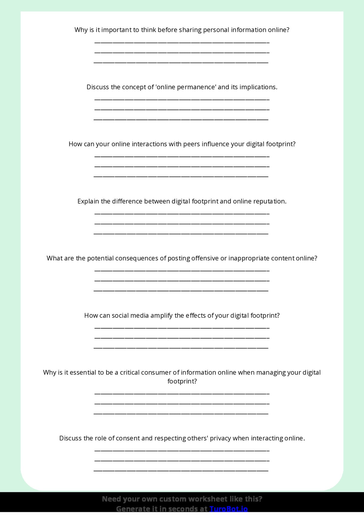 Free Worksheet - Year 9 Technology Digital Footprints and Online Reputation Short Answer Response
