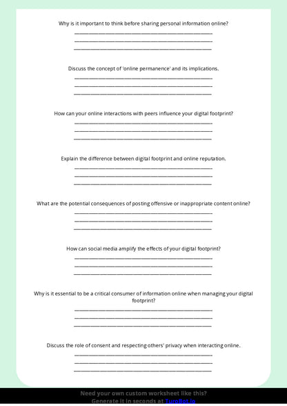 Free Worksheet - Year 9 Technology Digital Footprints and Online Reputation Short Answer Response