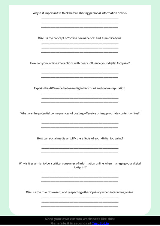 Free Worksheet - Year 9 Technology Digital Footprints and Online Reputation Short Answer Response