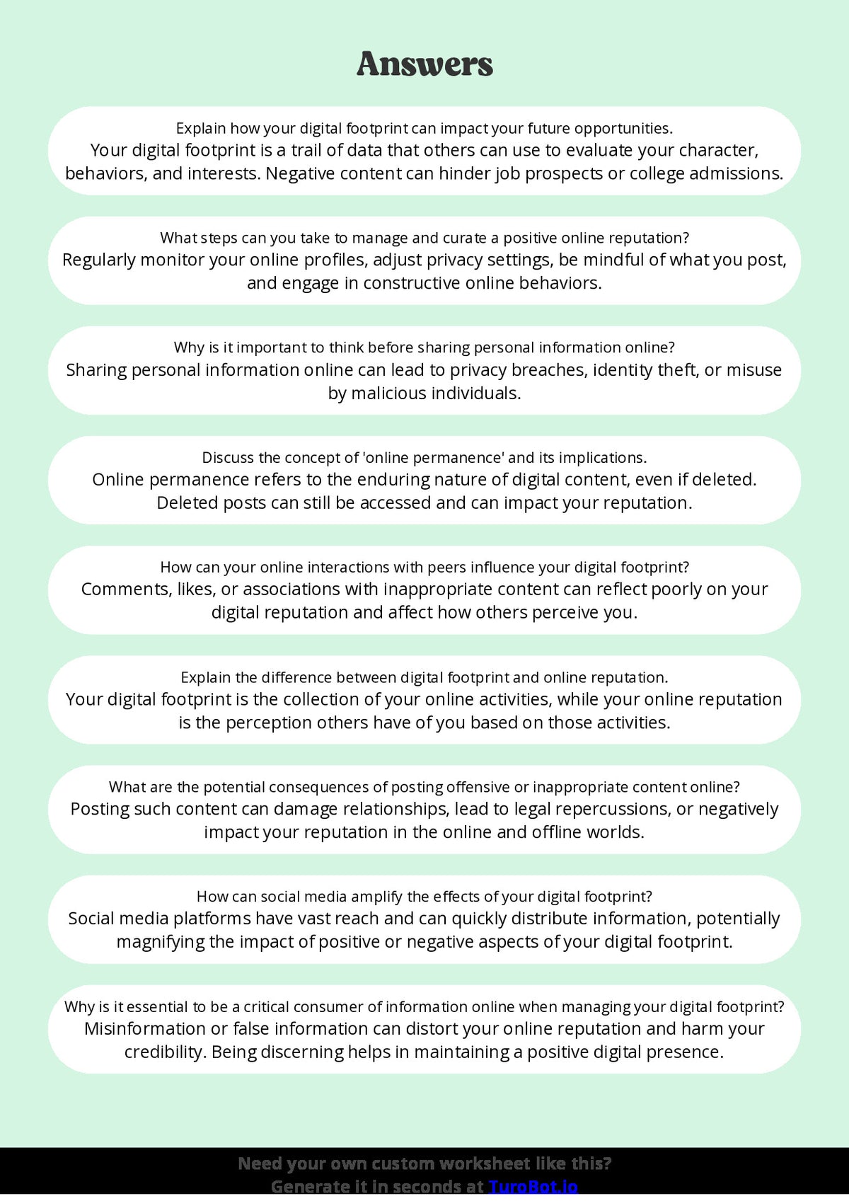Free Worksheet - Year 9 Technology Digital Footprints and Online Reputation Short Answer Response