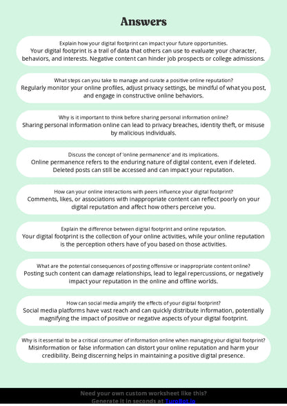 Free Worksheet - Year 9 Technology Digital Footprints and Online Reputation Short Answer Response