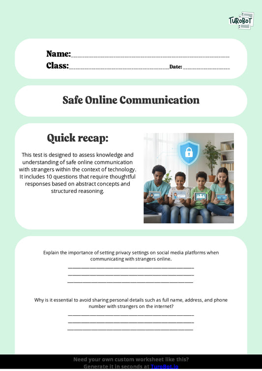 Free Worksheet - Year 9 Technology Safe Online Communication with Strangers Short Answer Response