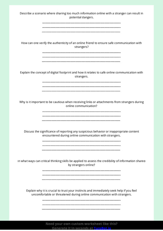 Free Worksheet - Year 9 Technology Safe Online Communication with Strangers Short Answer Response