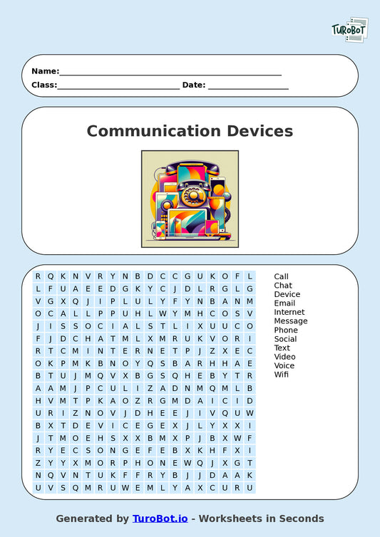 Technology - Year 7 - Find a Word - Communication Devices – Free Find a Word Worksheet
