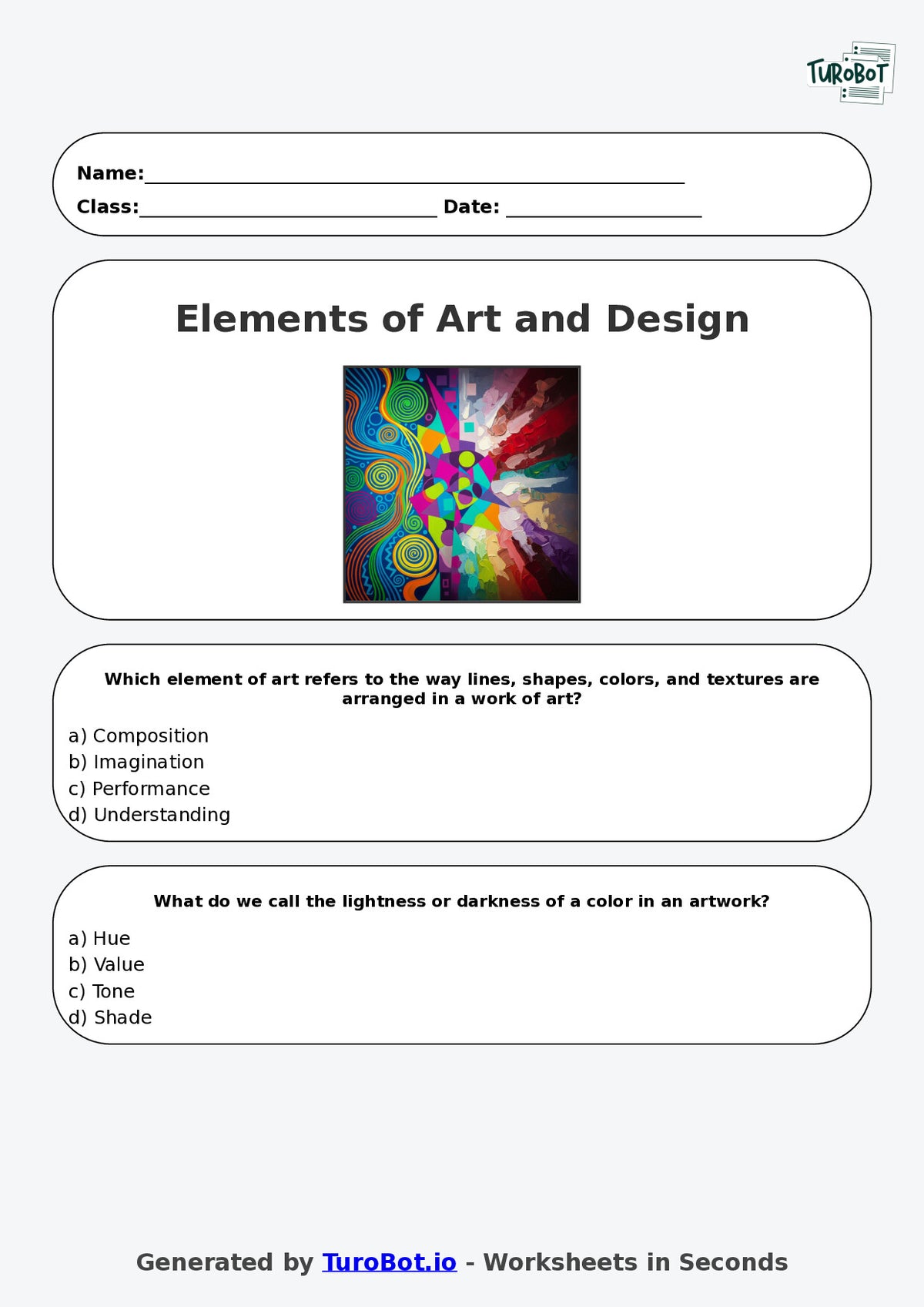 Year 5 Visual Arts Multiple Choice Worksheet – Elements of Art and Design
