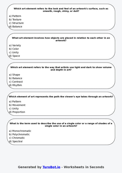 Year 5 Visual Arts Multiple Choice Worksheet – Elements of Art and Design