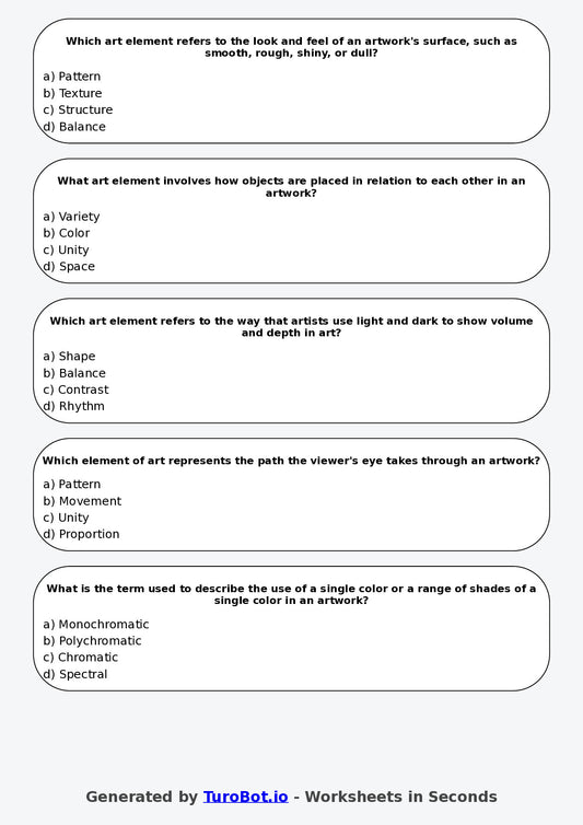 Year 5 Visual Arts Multiple Choice Worksheet – Elements of Art and Design
