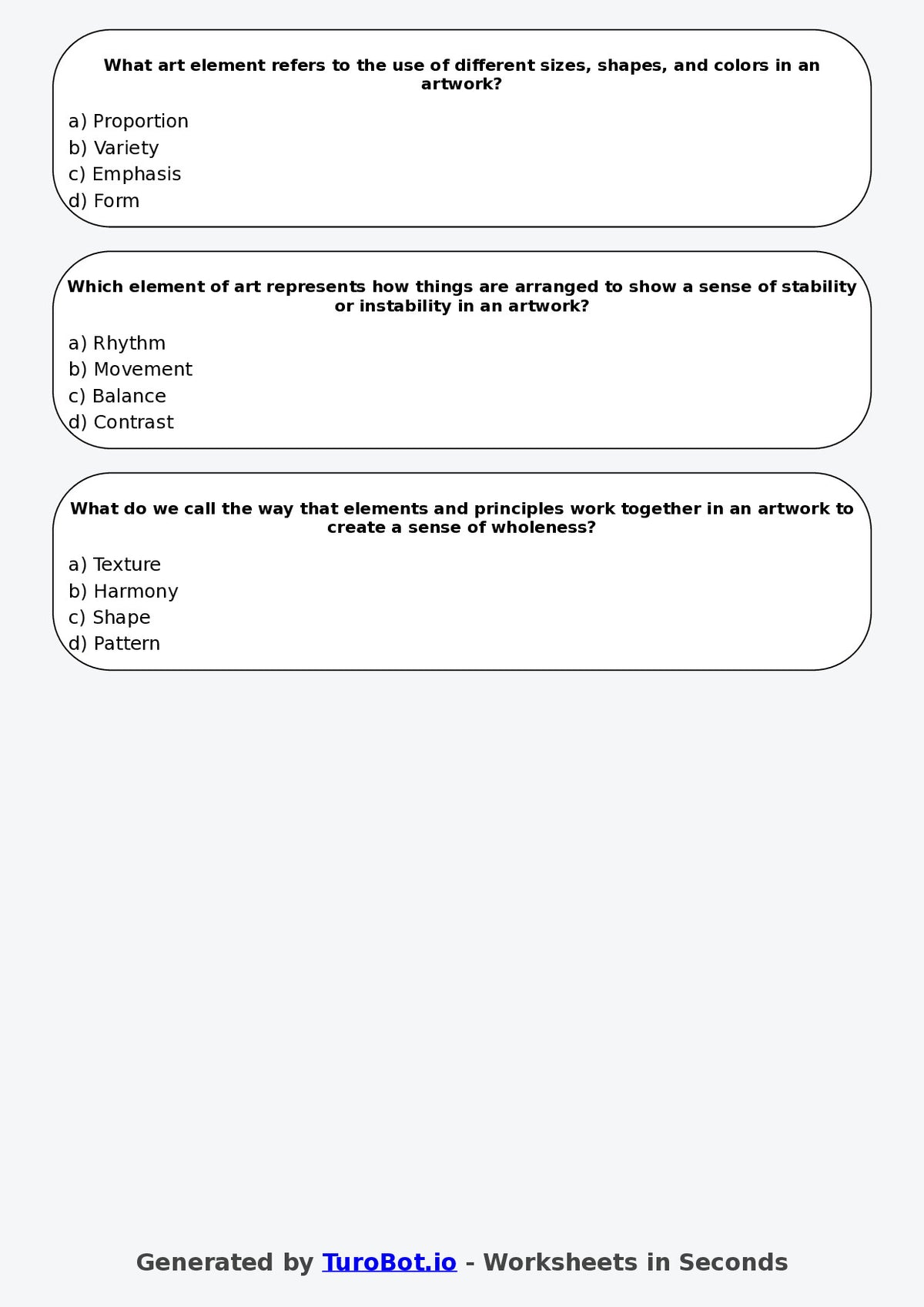 Year 5 Visual Arts Multiple Choice Worksheet – Elements of Art and Design