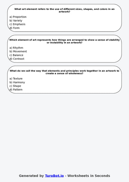 Year 5 Visual Arts Multiple Choice Worksheet – Elements of Art and Design