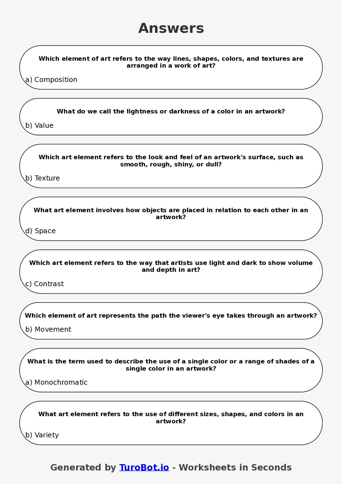 Year 5 Visual Arts Multiple Choice Worksheet – Elements of Art and Design