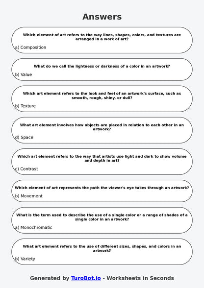 Year 5 Visual Arts Multiple Choice Worksheet – Elements of Art and Design