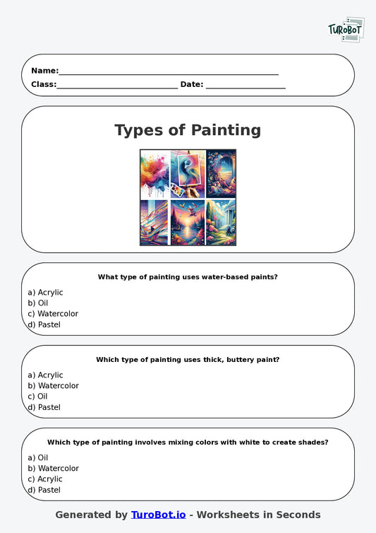 Year 5 Visual Arts Multiple Choice Worksheet – Types of Painting