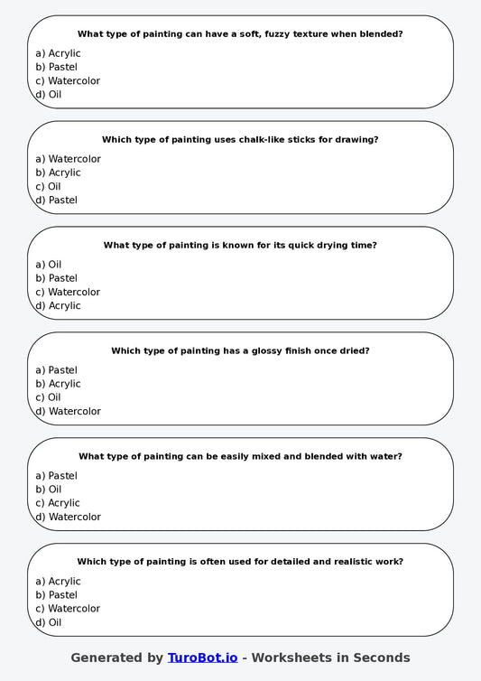 Year 5 Visual Arts Multiple Choice Worksheet – Types of Painting