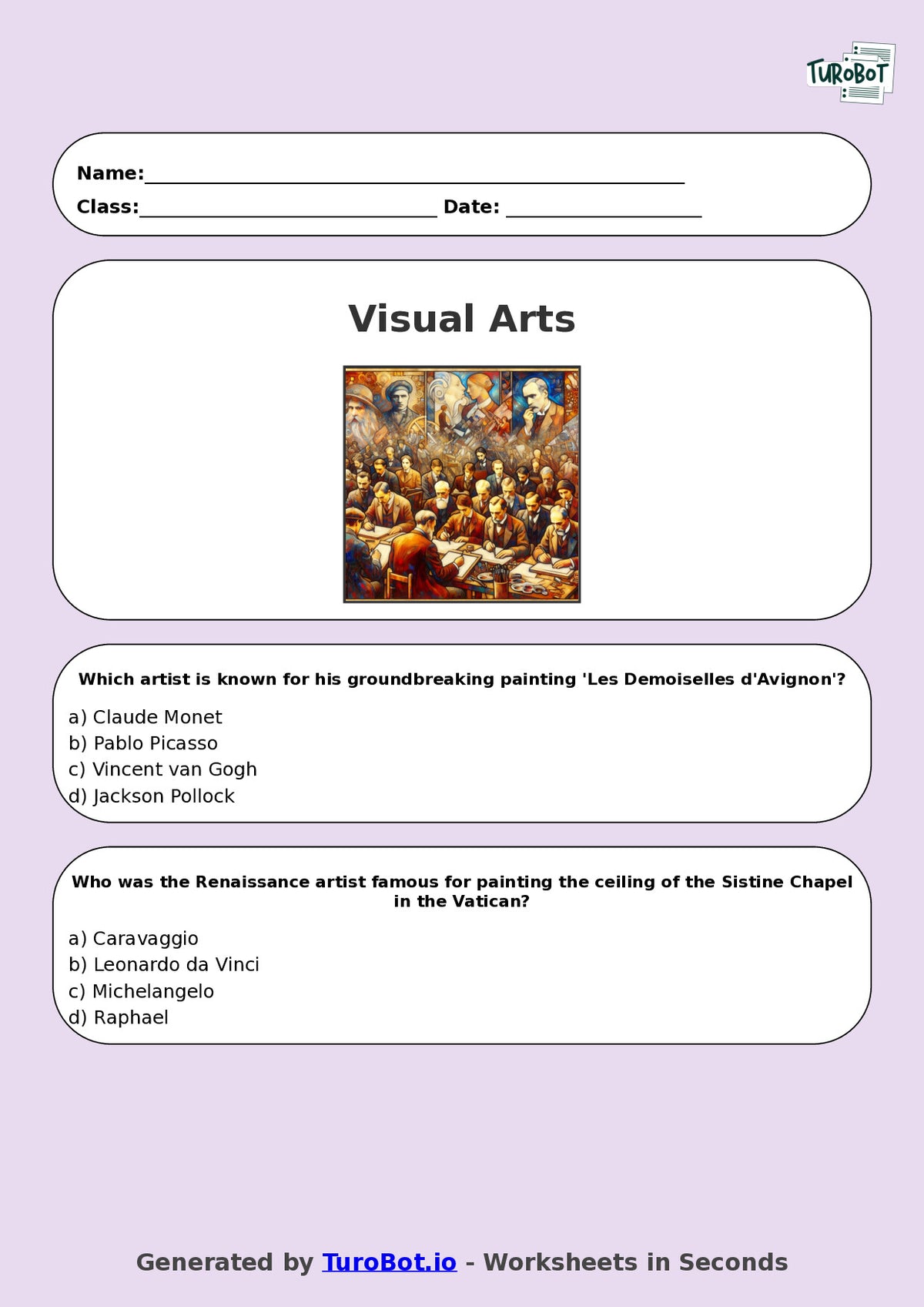 Year 6 Visual Arts Multiple Choice Worksheet – Famous Artists Overview