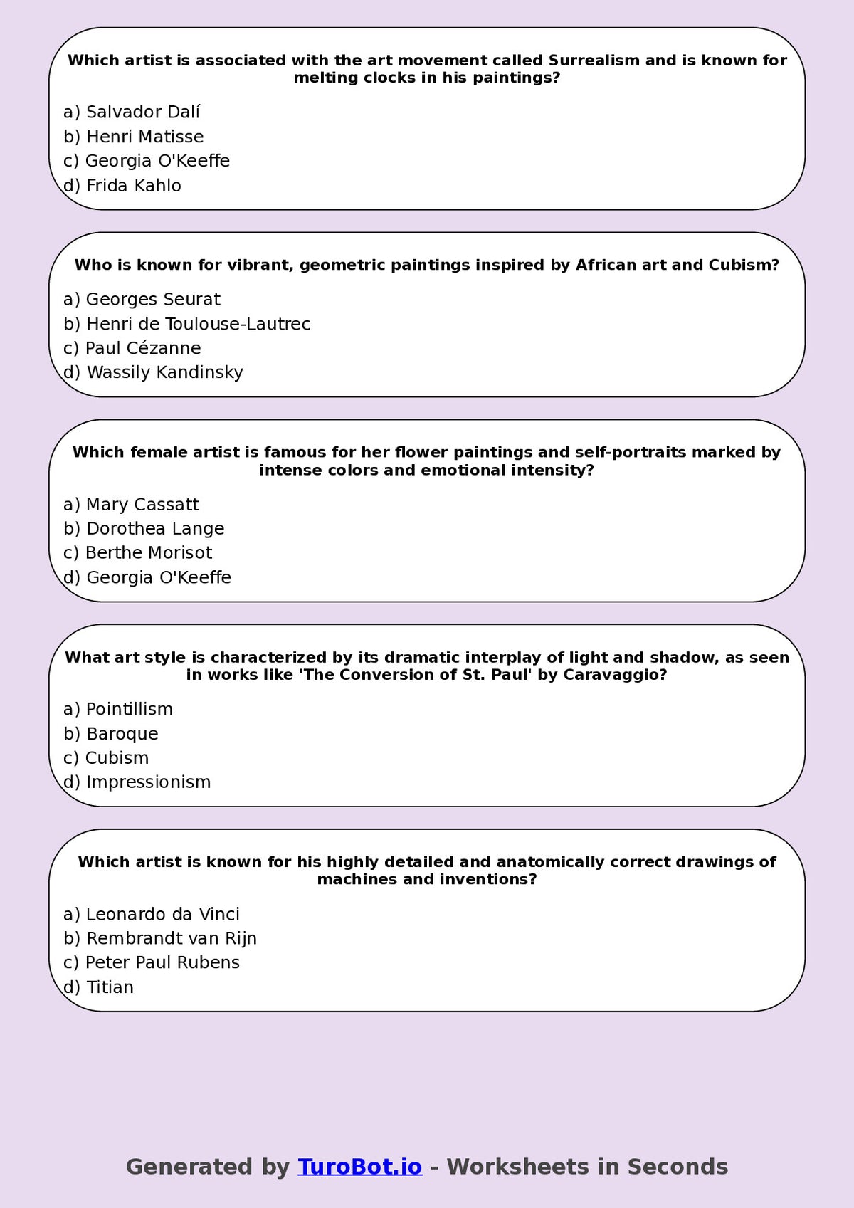 Year 6 Visual Arts Multiple Choice Worksheet – Famous Artists Overview