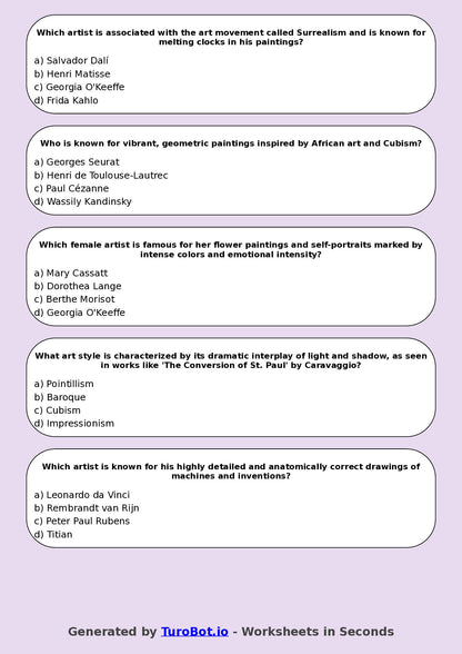 Year 6 Visual Arts Multiple Choice Worksheet – Famous Artists Overview