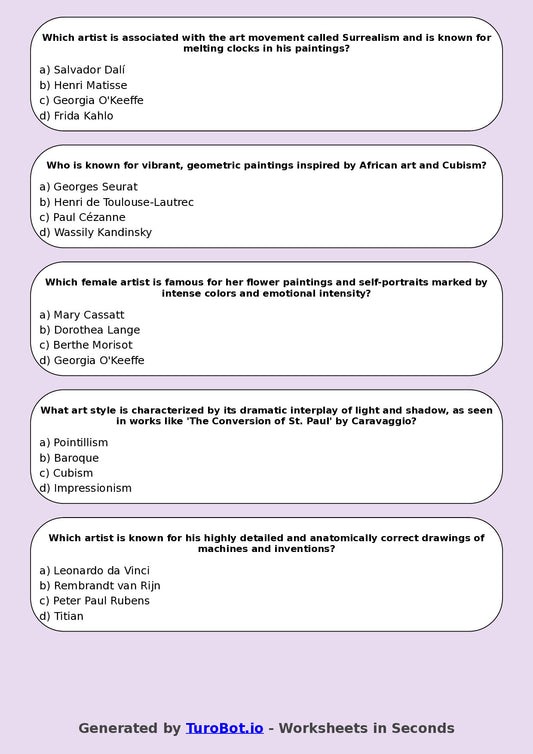 Year 6 Visual Arts Multiple Choice Worksheet – Famous Artists Overview