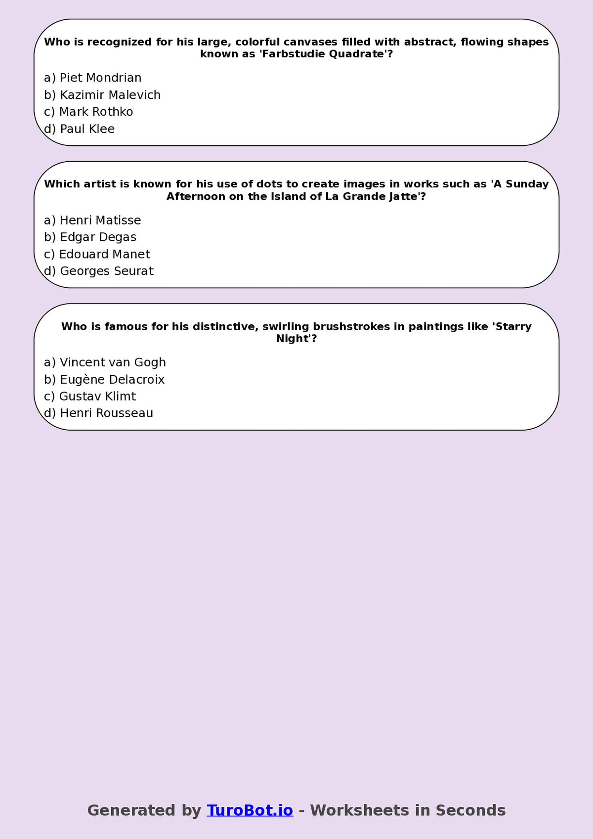 Year 6 Visual Arts Multiple Choice Worksheet – Famous Artists Overview