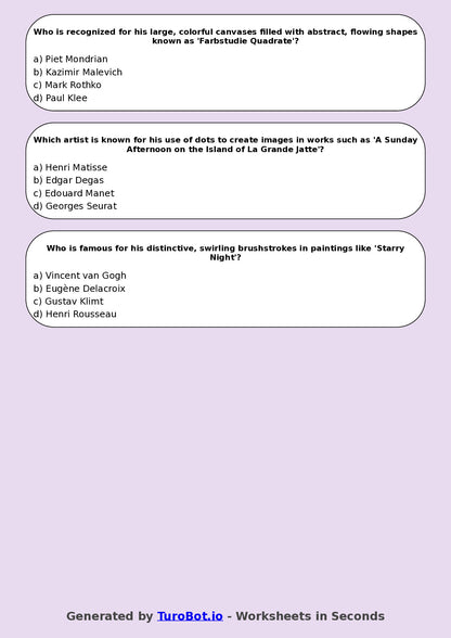 Year 6 Visual Arts Multiple Choice Worksheet – Famous Artists Overview