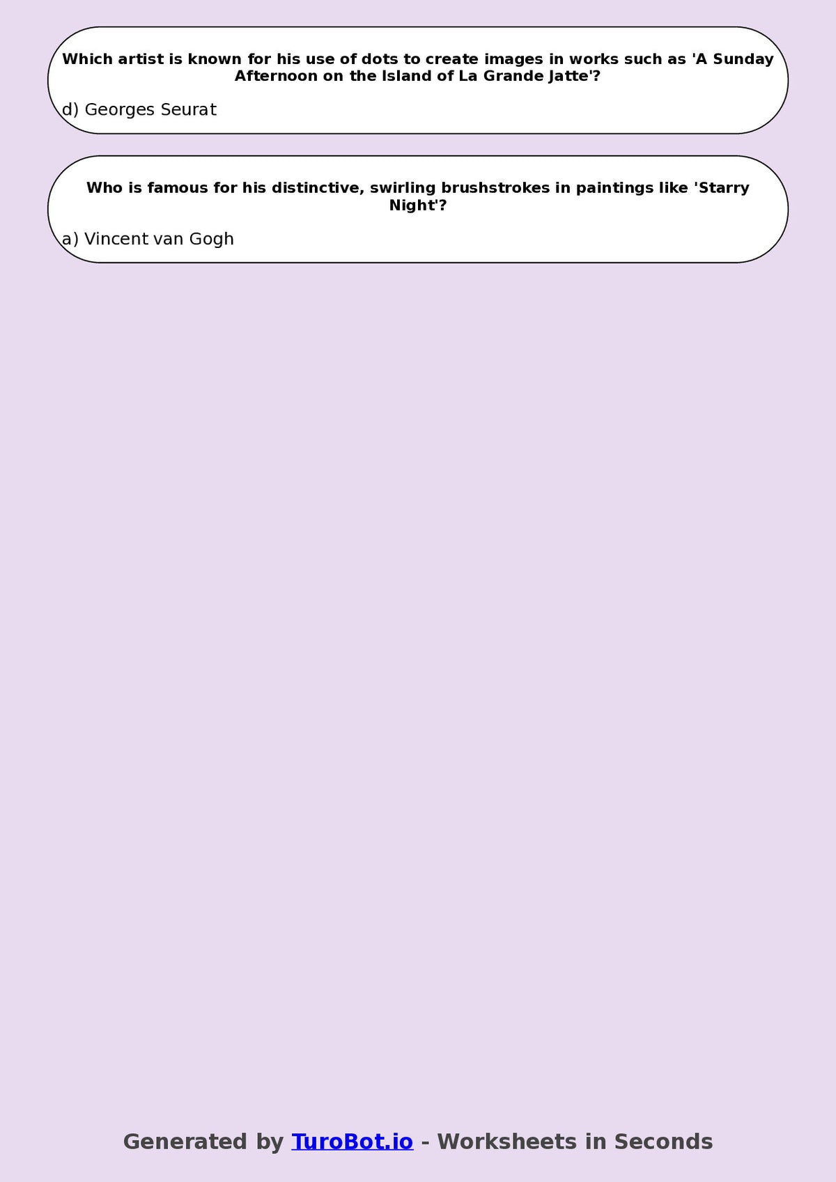 Year 6 Visual Arts Multiple Choice Worksheet – Famous Artists Overview