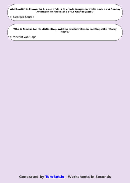 Year 6 Visual Arts Multiple Choice Worksheet – Famous Artists Overview
