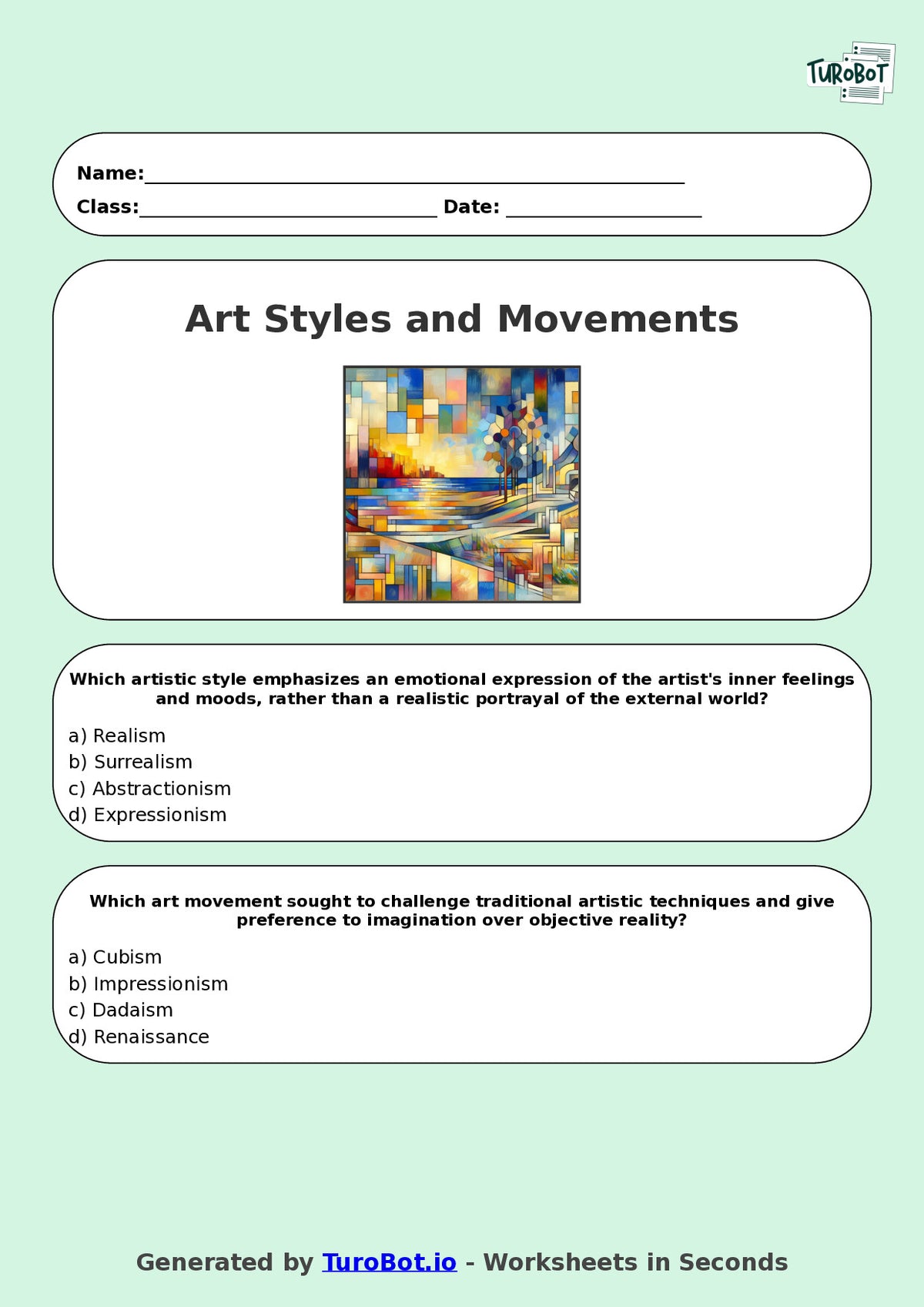 Year 7 Visual Arts Multiple Choice Worksheet – Art Styles and Movements