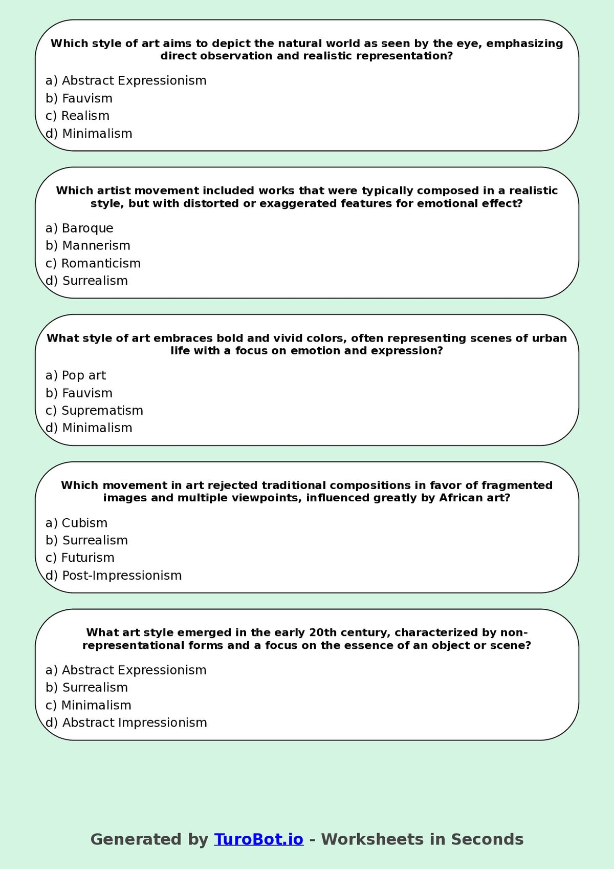 Year 7 Visual Arts Multiple Choice Worksheet – Art Styles and Movements